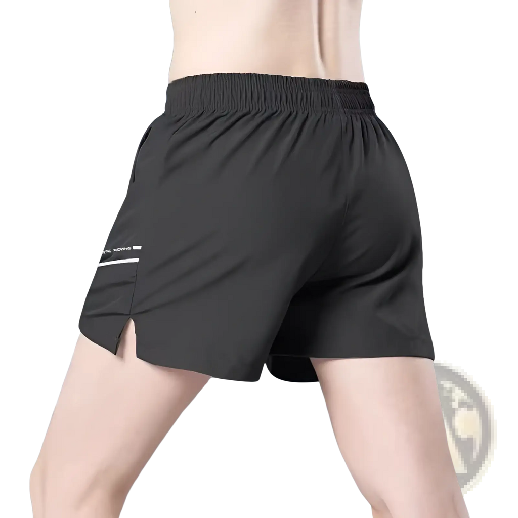 Black ice silk quick-drying straight-leg athletic shorts with elastic waistband side pockets and subtle white branding