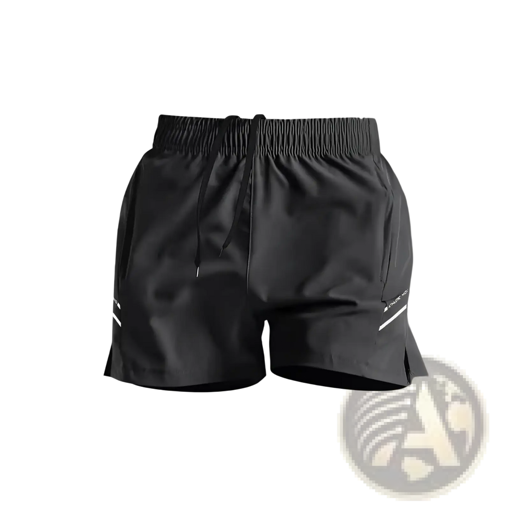 Black ice silk quick-drying athletic shorts with reflective white side stripes and drawstring waistband for running