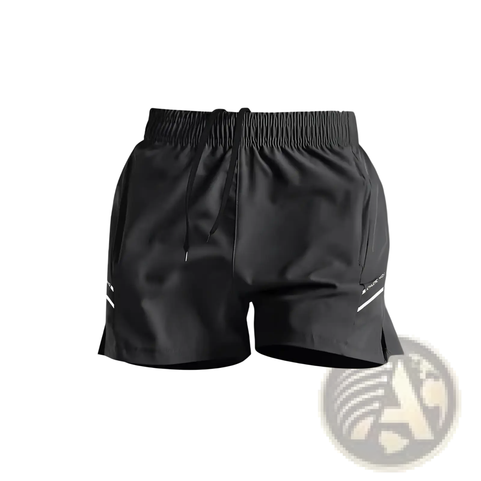 Black ice silk quick-drying athletic shorts with reflective white side stripes and drawstring waistband for running