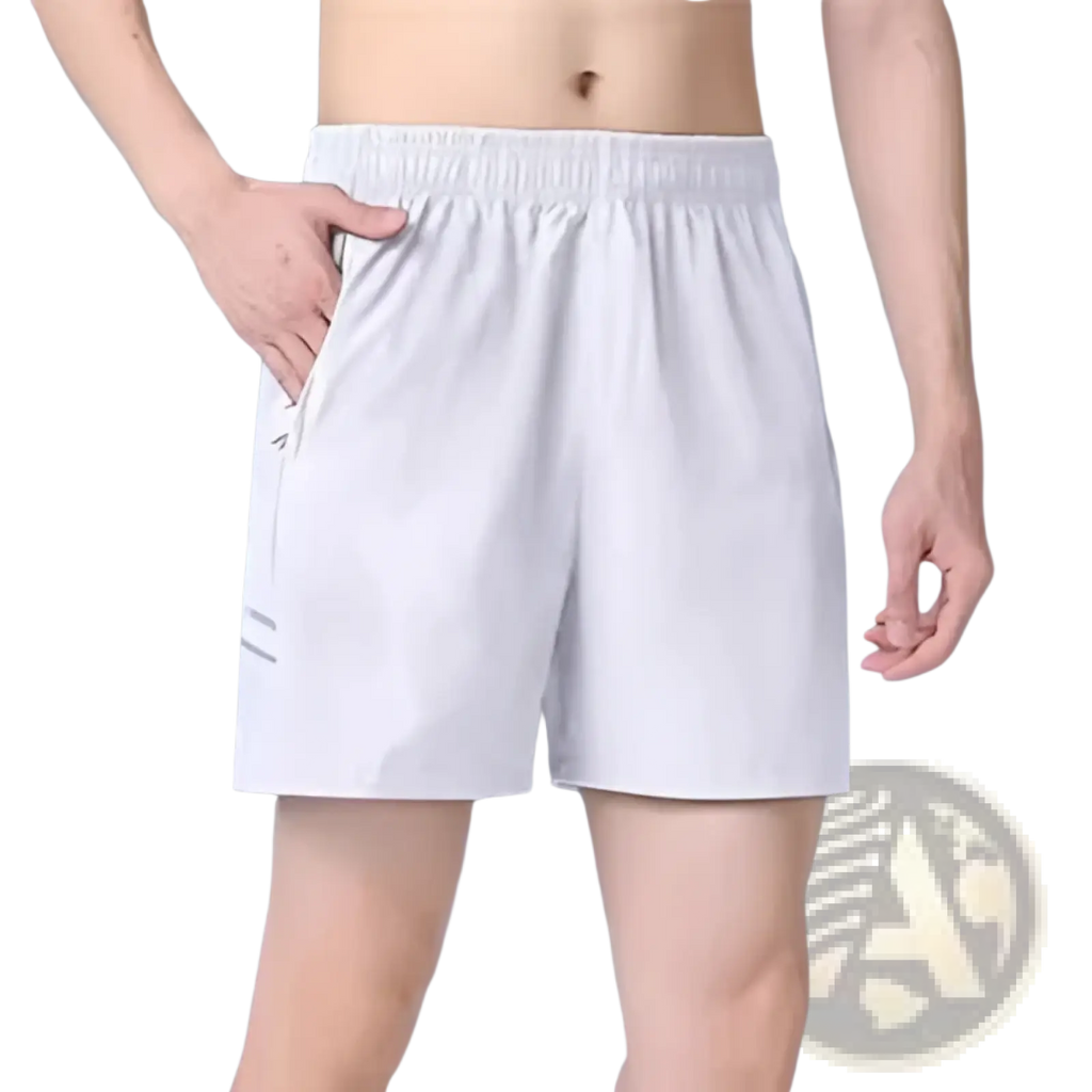 White ice silk quick-drying straight-leg athletic shorts with elastic waistband and subtle gray side stripes