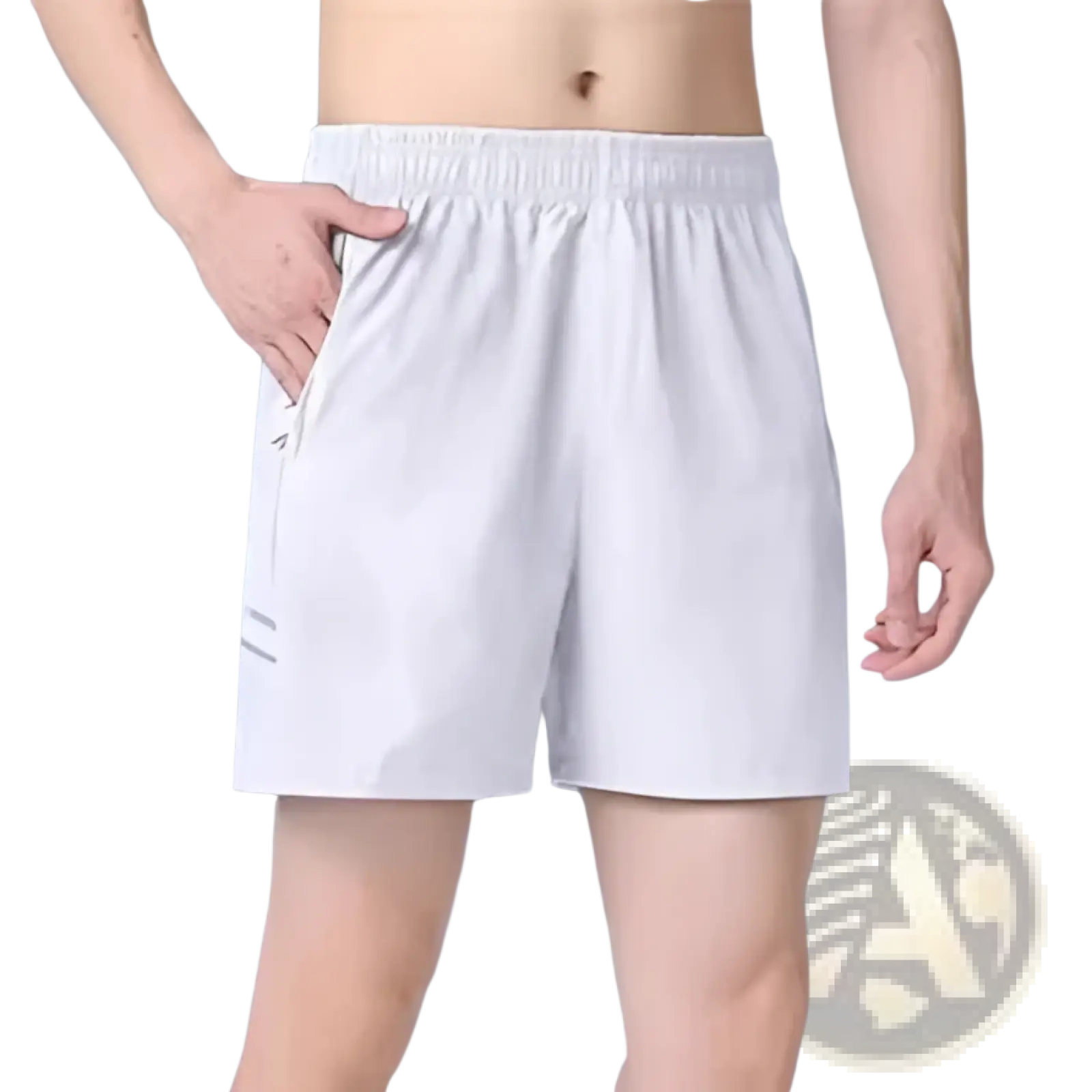 White ice silk quick-drying straight-leg athletic shorts with elastic waistband and subtle gray side stripes