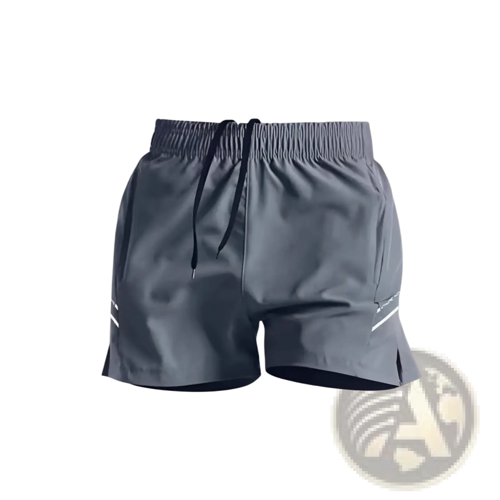 Gray ice silk quick-drying athletic shorts with black drawstring and reflective white side stripes for running