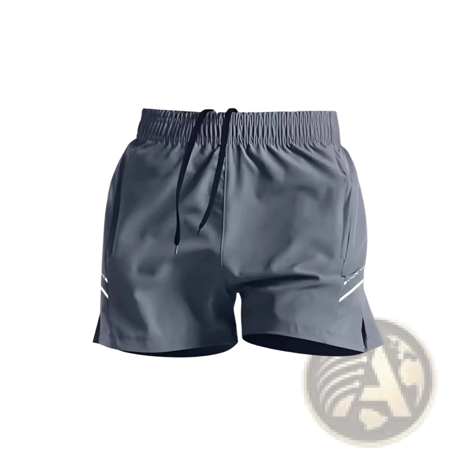 Gray ice silk quick-drying athletic shorts with black drawstring and reflective white side stripes for running