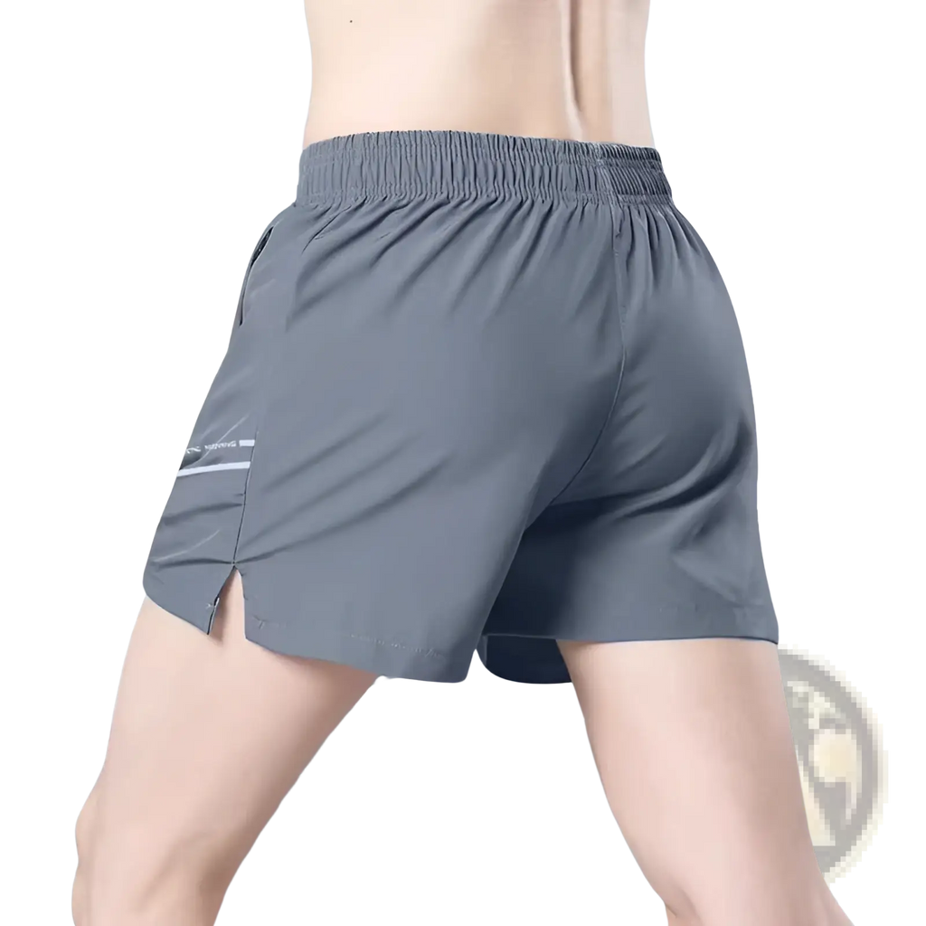 Gray ice silk quick-drying athletic shorts with elastic waistband and subtle white side stripe for straight-leg fit