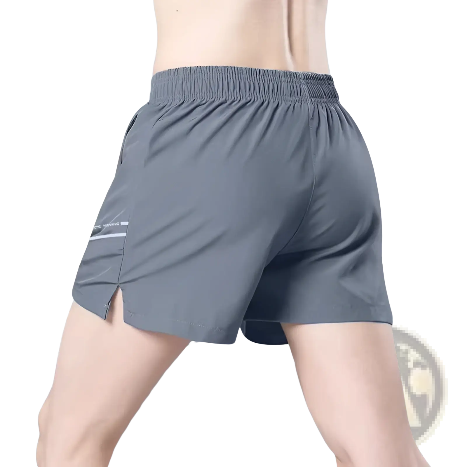 Gray ice silk quick-drying athletic shorts with elastic waistband and subtle white side stripe for straight-leg fit