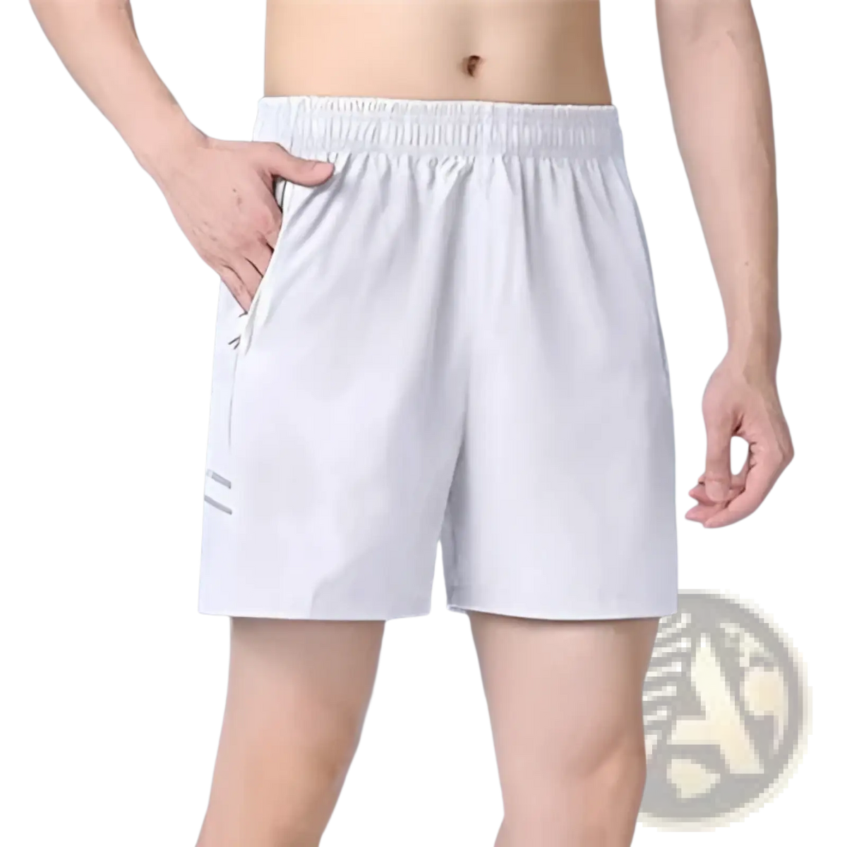 Ice silk quick-drying white athletic shorts with elastic waistband and subtle gray side stripes for sportswear