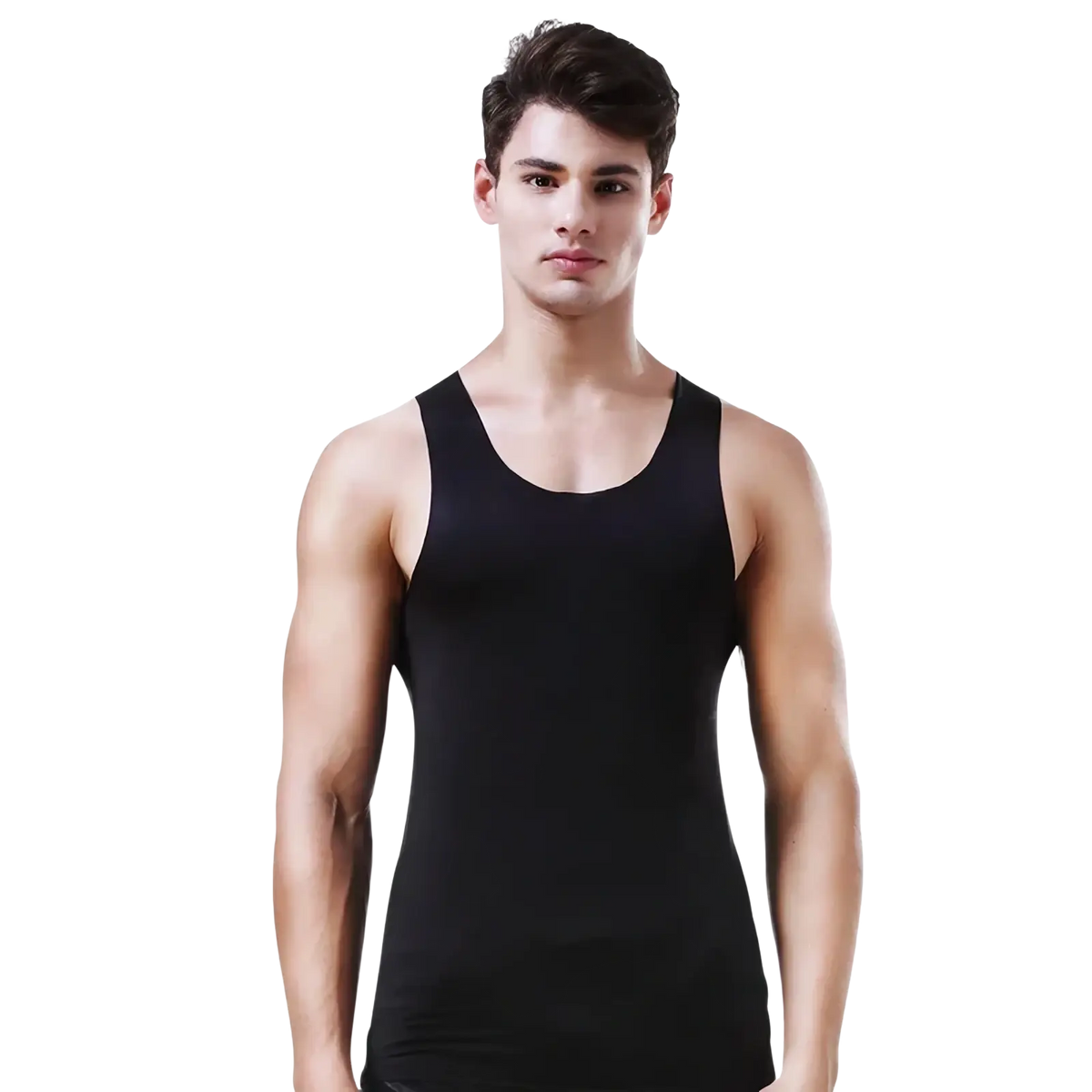Black sleeveless ice silk seamless men fitness tank top with smooth, form-fitting fabric for active wear