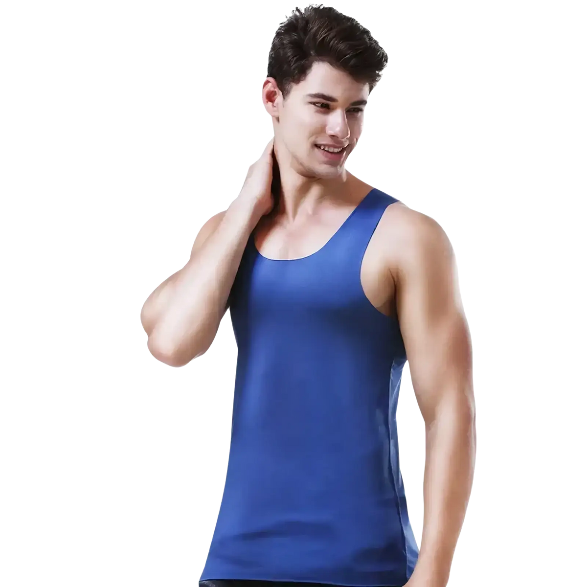 A sleek solid blue ice silk seamless men fitness tank top with smooth fabric finish for workout use