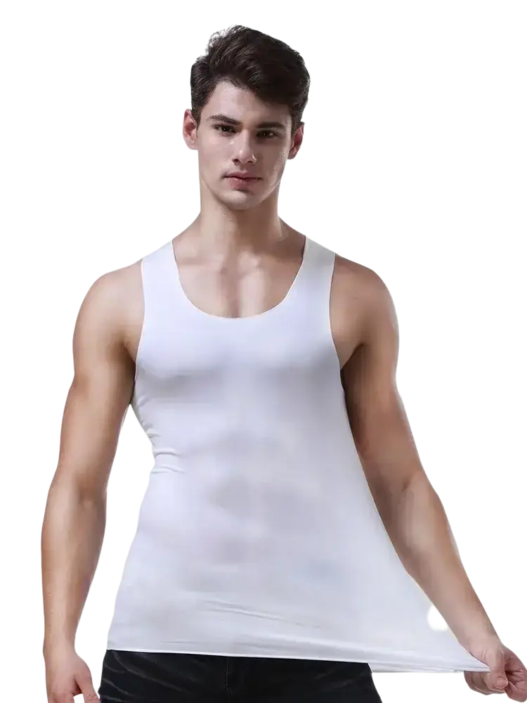 White ice silk seamless men fitness tank top with a simple classic design for comfortable workout wear