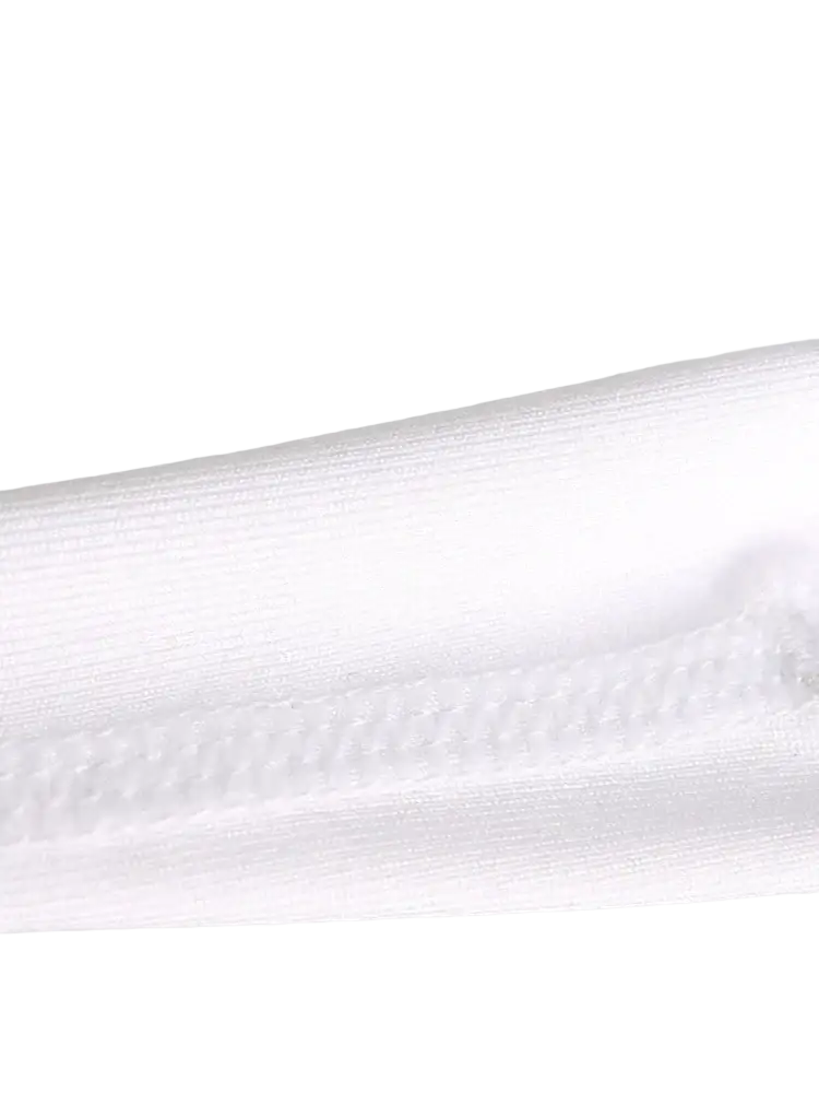 White ribbed ice silk seamless men fitness tank top fabric with subtle sheen and visible edge stitching