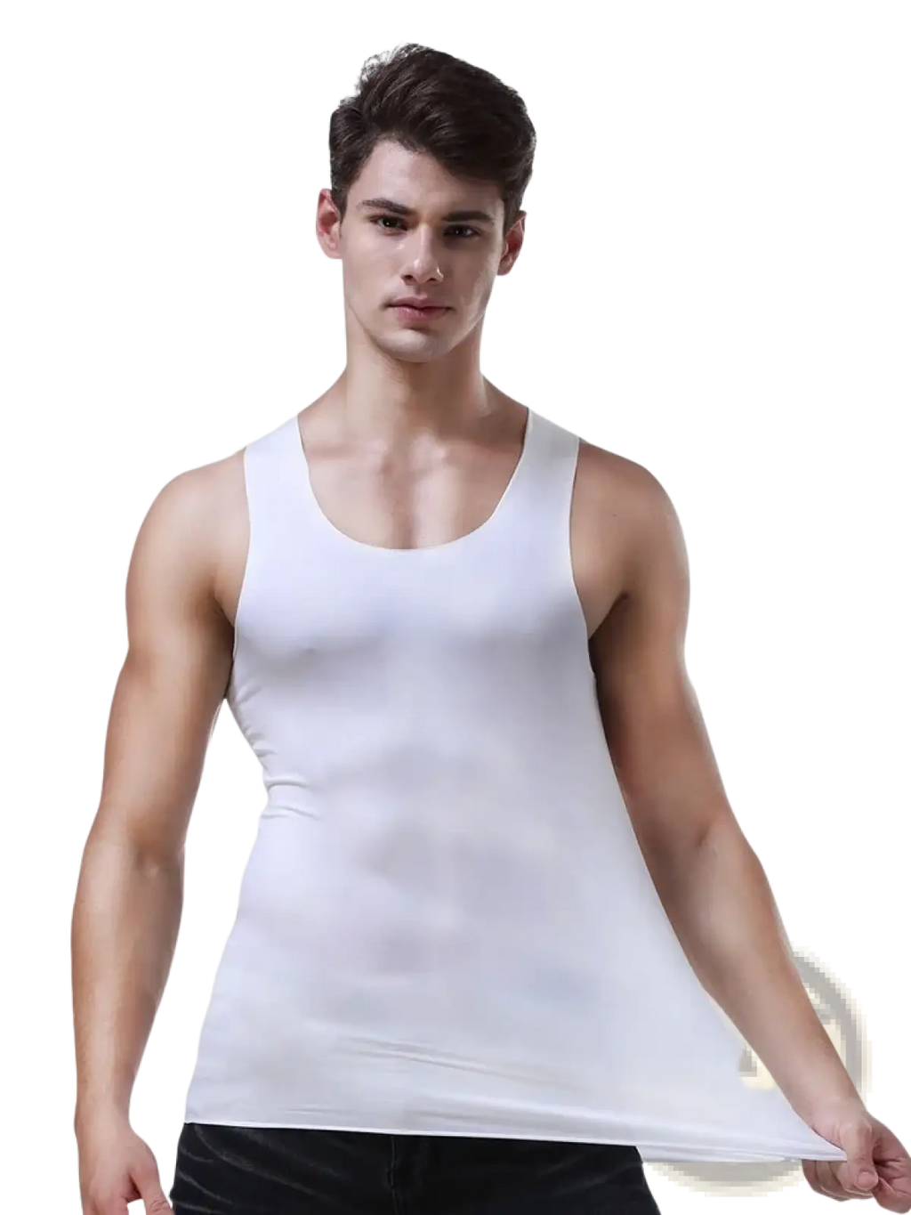 White sleeveless tank top made of smooth ice silk fabric designed for seamless men fitness wear
