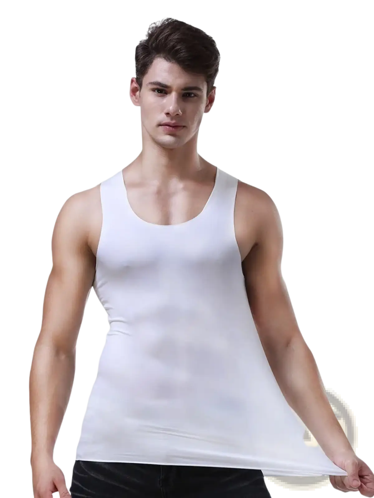 White sleeveless tank top made of smooth ice silk fabric designed for seamless men fitness wear