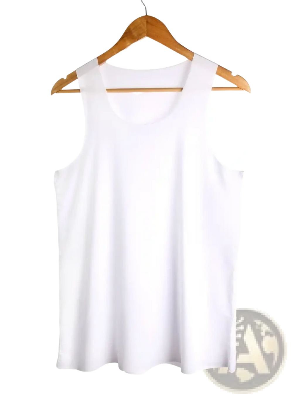 White sleeveless ice silk seamless men fitness tank top hanging on wooden hanger for athletic use