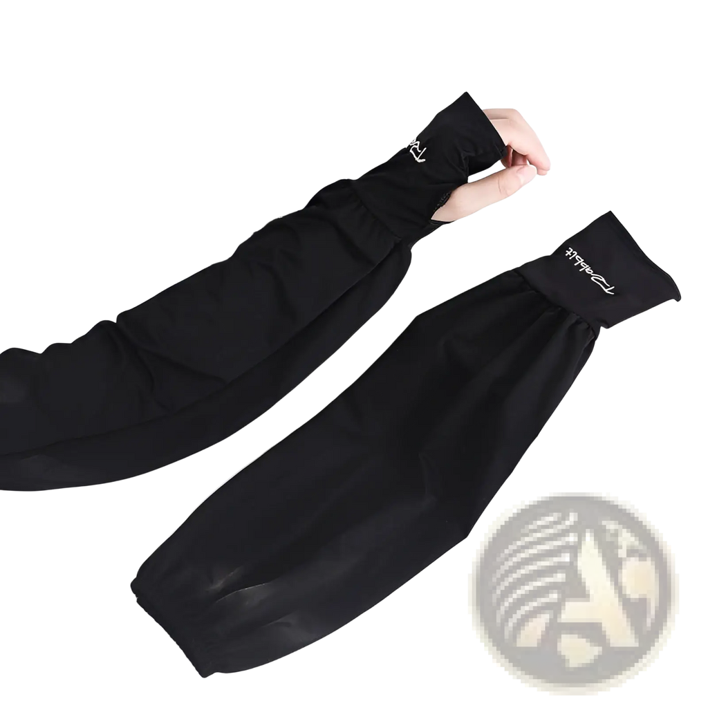 Black ice silk sun protection arm sleeves with lightweight fabric elastic cuffs and subtle white embroidered branding