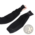 Black ice silk sun protection arm sleeves with lightweight fabric elastic cuffs and subtle white embroidered branding