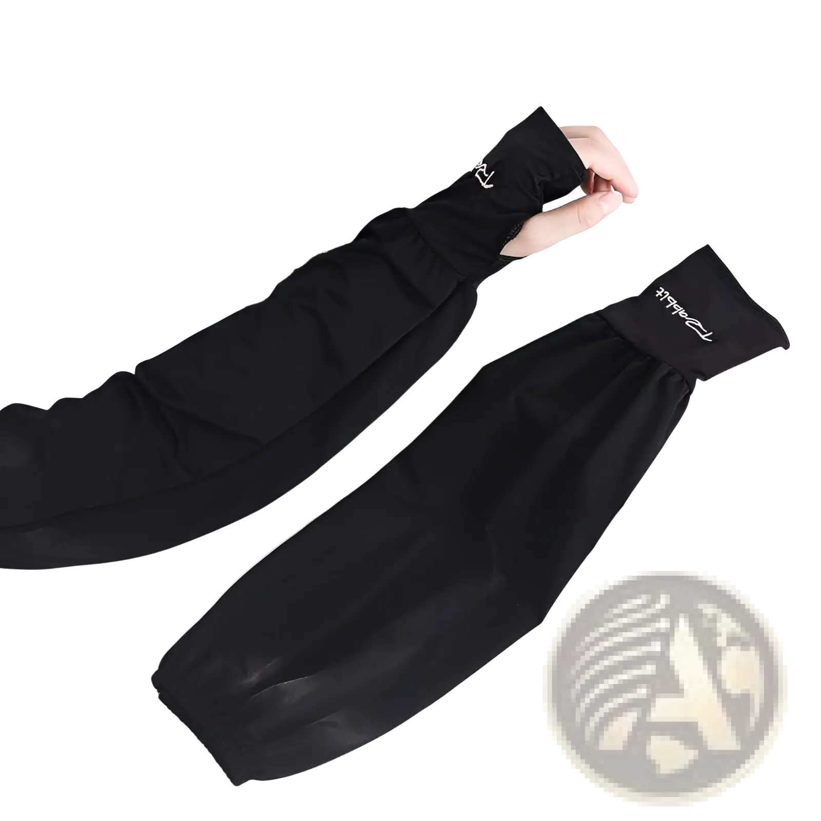 Black ice silk sun protection arm sleeves with lightweight fabric elastic cuffs and subtle white embroidered branding
