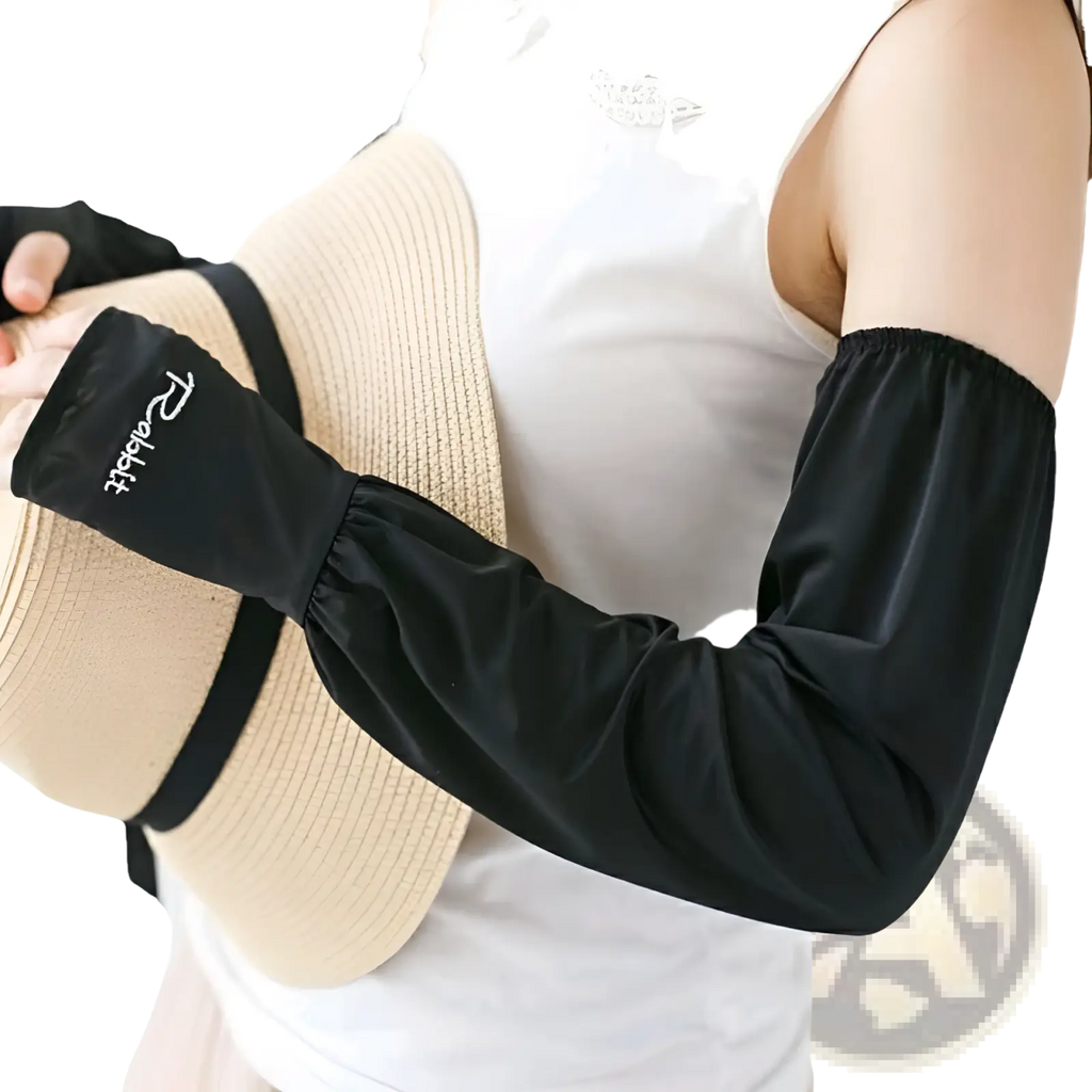 Black satin-like ice silk sun protection arm sleeve with gathered cuff and white embroidered logo visible on front side