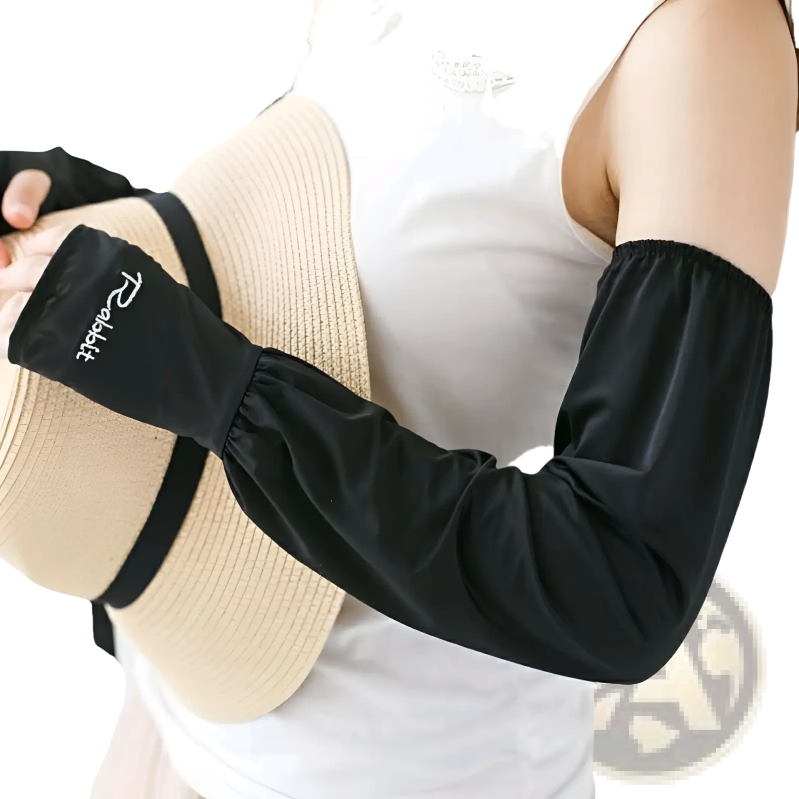Black satin-like ice silk sun protection arm sleeve with gathered cuff and white embroidered logo visible on front side
