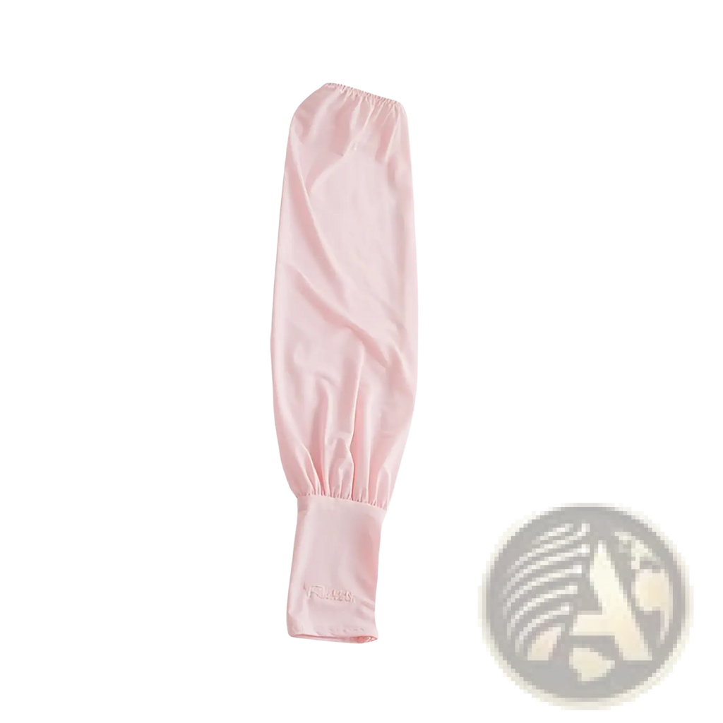 A soft pink ice silk sun protection arm sleeve with satin-like fabric gathered elastic cuff and ribbed band