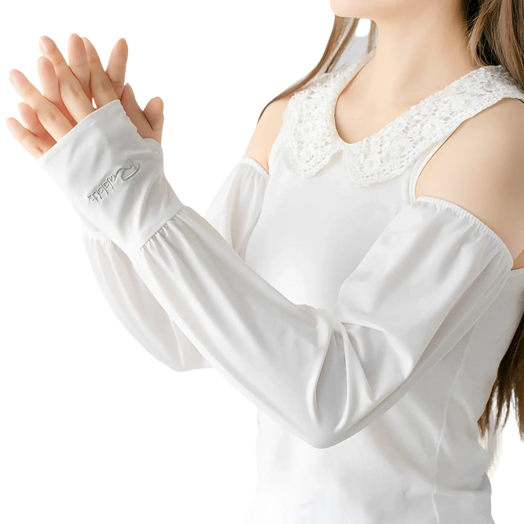 White ice silk sun protection arm sleeves with long sleeves lace trim and subtle embroidered logo on cuff