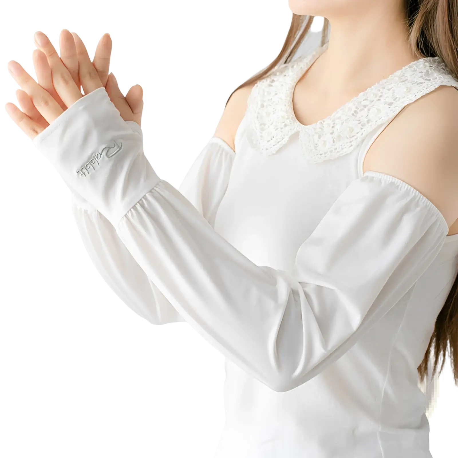 White ice silk sun protection arm sleeves with long sleeves lace trim and subtle embroidered logo on cuff