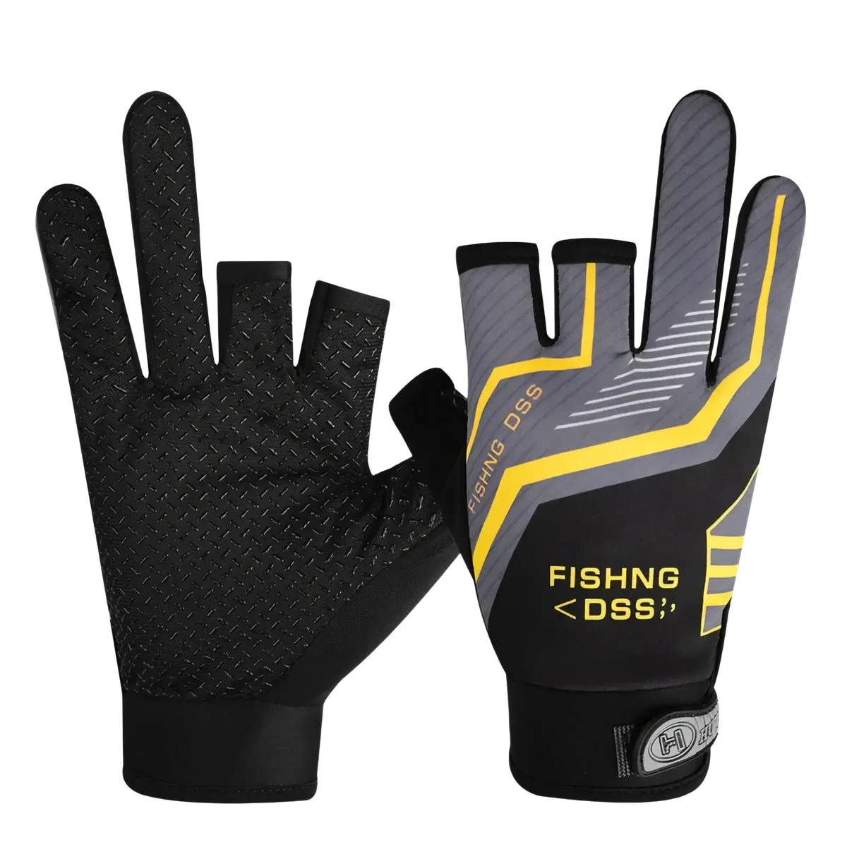 Black and gray ice silk three finger fishing gloves with yellow accents and textured grip on palm and fingers