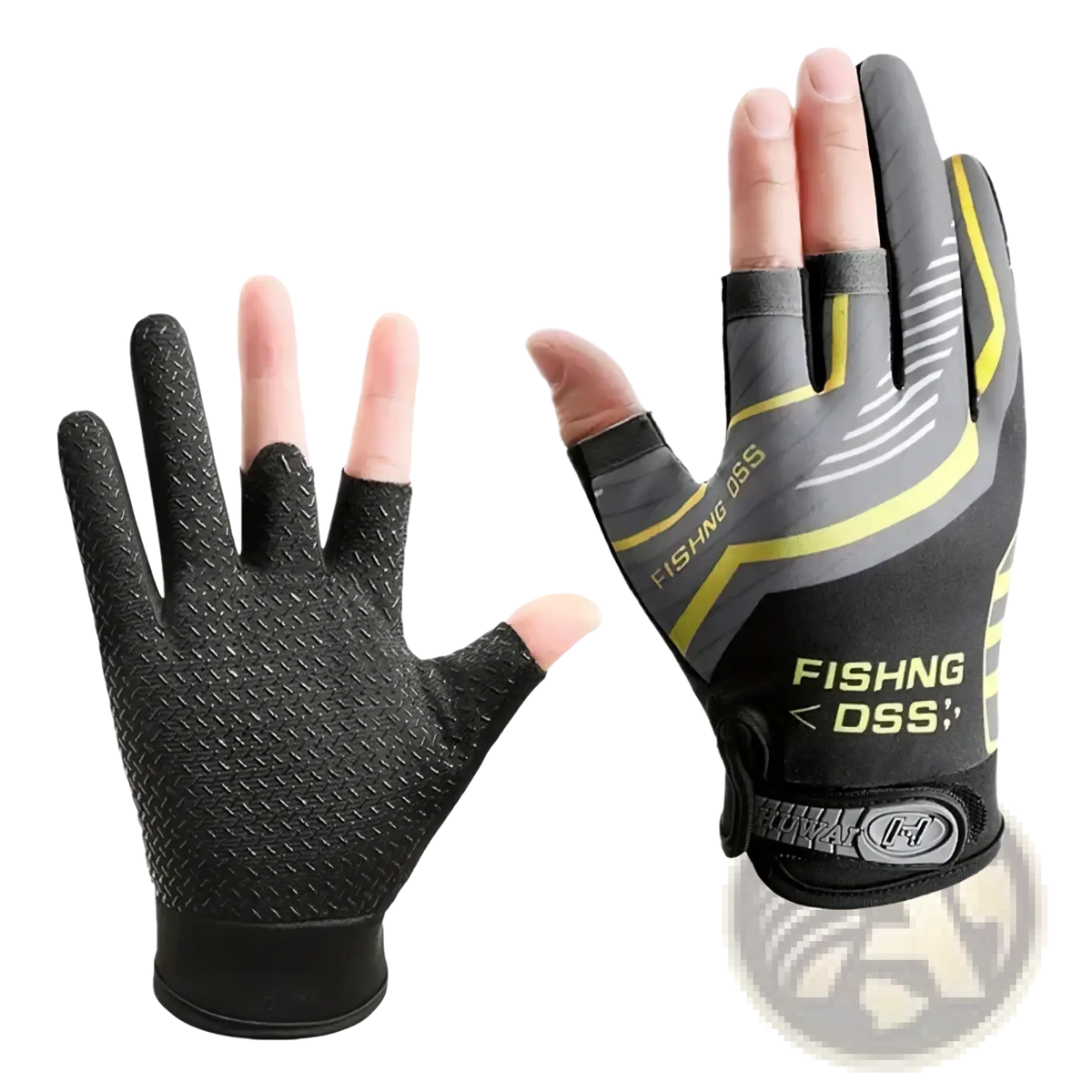 Ice silk three finger fishing gloves in black and gray with yellow accents and textured grip on palm and fingertips