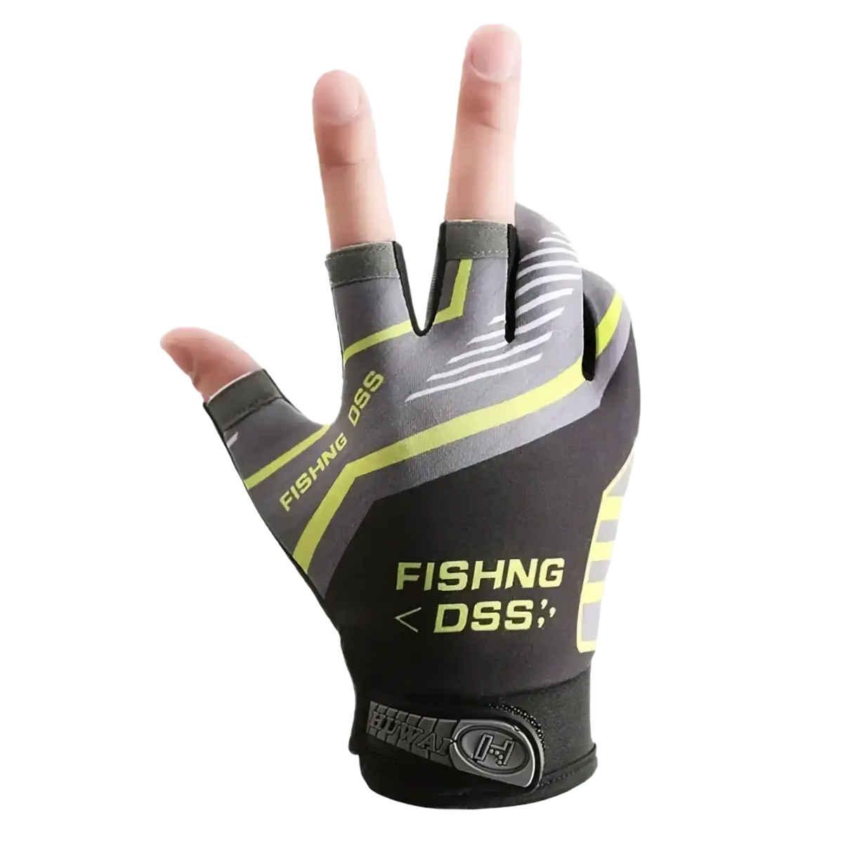 Black and neon yellow ice silk three finger fishing gloves with reinforced grip and breathable mesh panels, back side view
