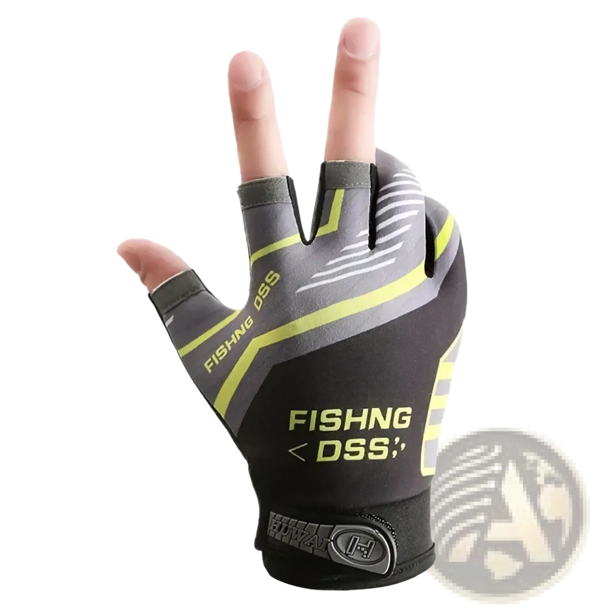 Ice silk three finger fishing gloves in black and neon yellow with gray accents breathable mesh and reinforced protection