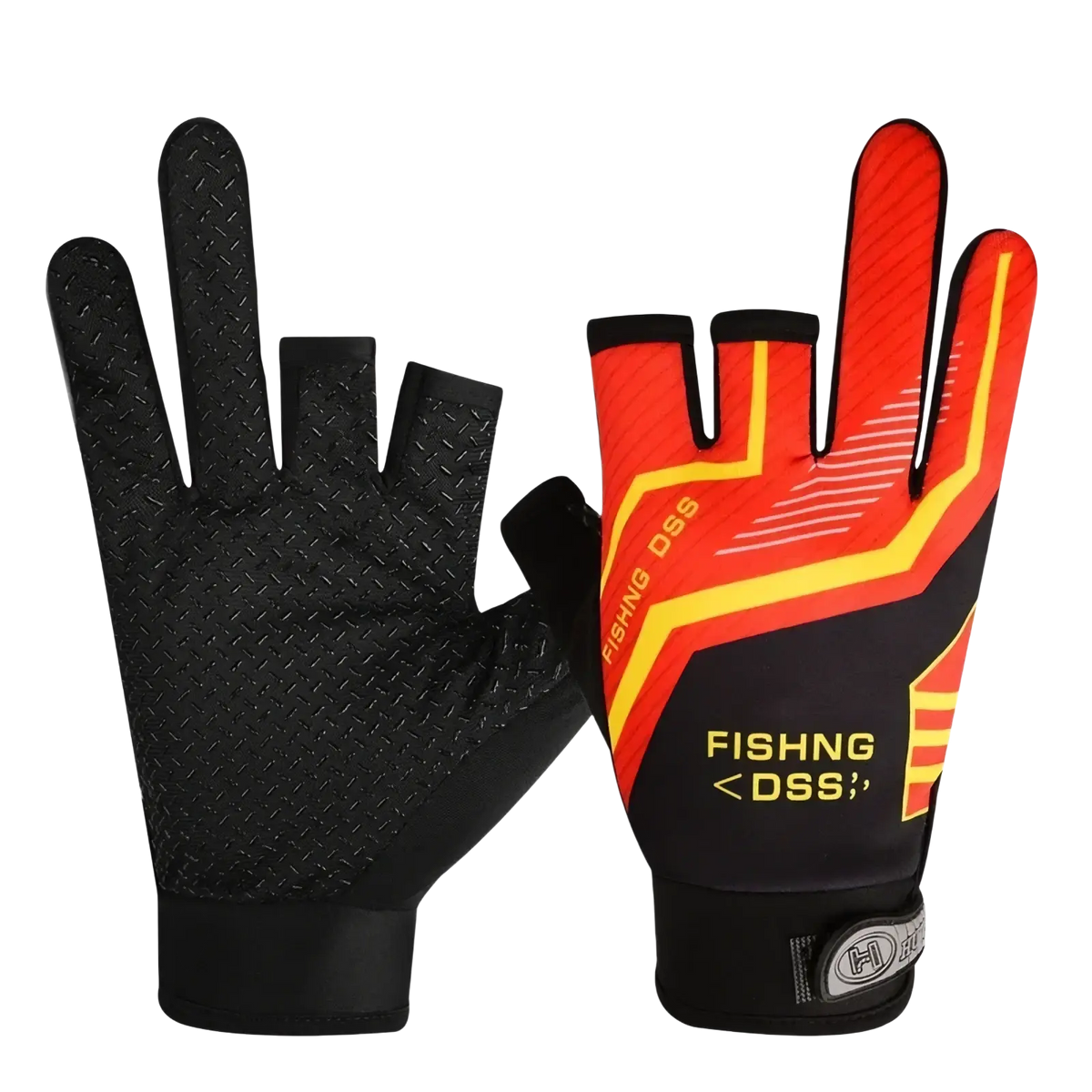 Ice silk three finger fishing gloves in black and vibrant red with yellow accents and textured grip on palm and fingers