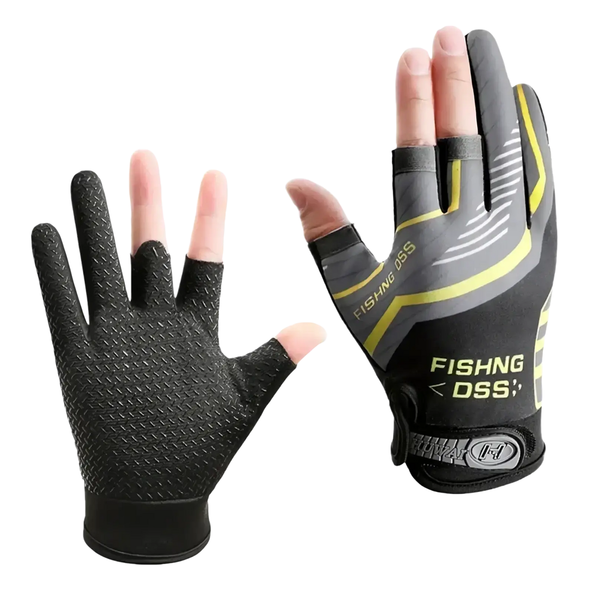 Black and yellow ice silk three finger fishing gloves with textured palm grip and fishing dss branding