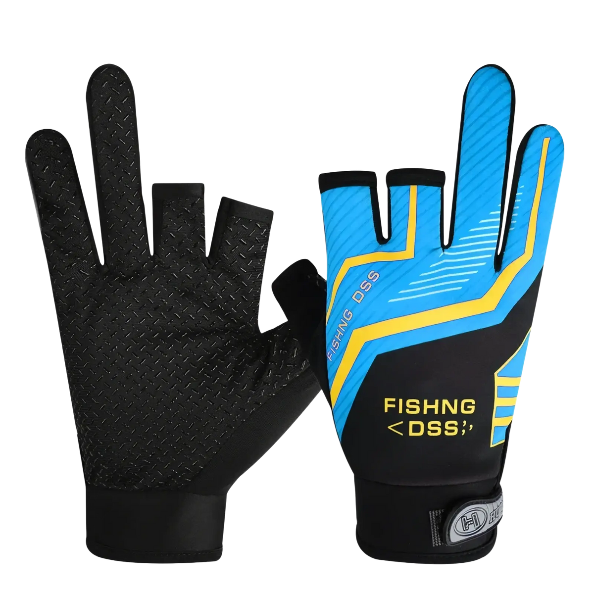 Blue and black ice silk three finger fishing gloves with yellow accents and textured grip on palm and fingers