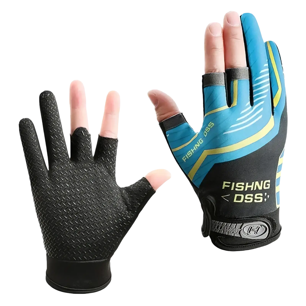 Ice silk three finger fishing gloves in blue and black with textured palm grip yellow accents and fishing dss branding