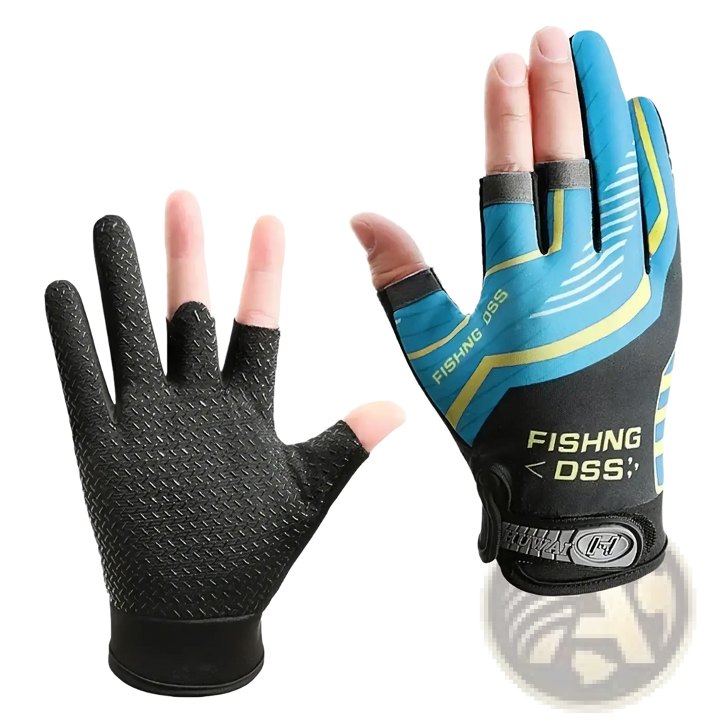 Ice silk three finger fishing gloves in blue and black with textured palm grip yellow accents and fishing dss branding