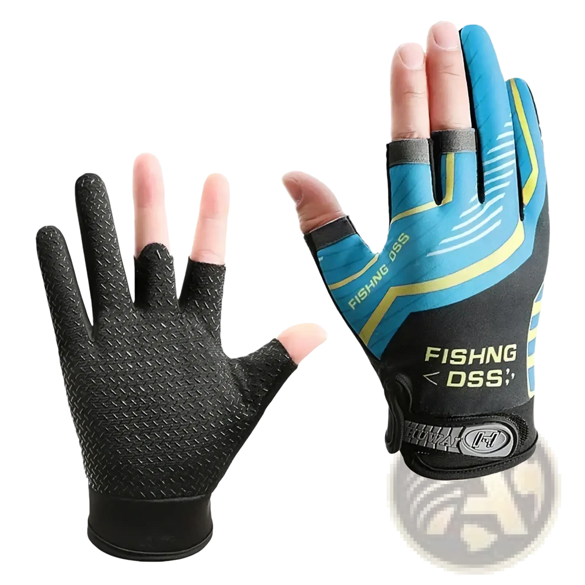 Ice silk three finger fishing gloves in blue and black with textured palm grip yellow accents and fishing dss branding