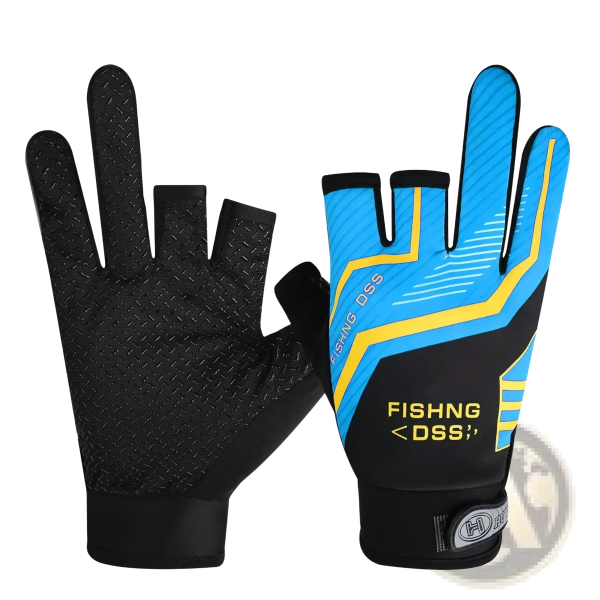 Blue and black ice silk three finger fishing gloves with yellow accents and textured grip on palm and fingers