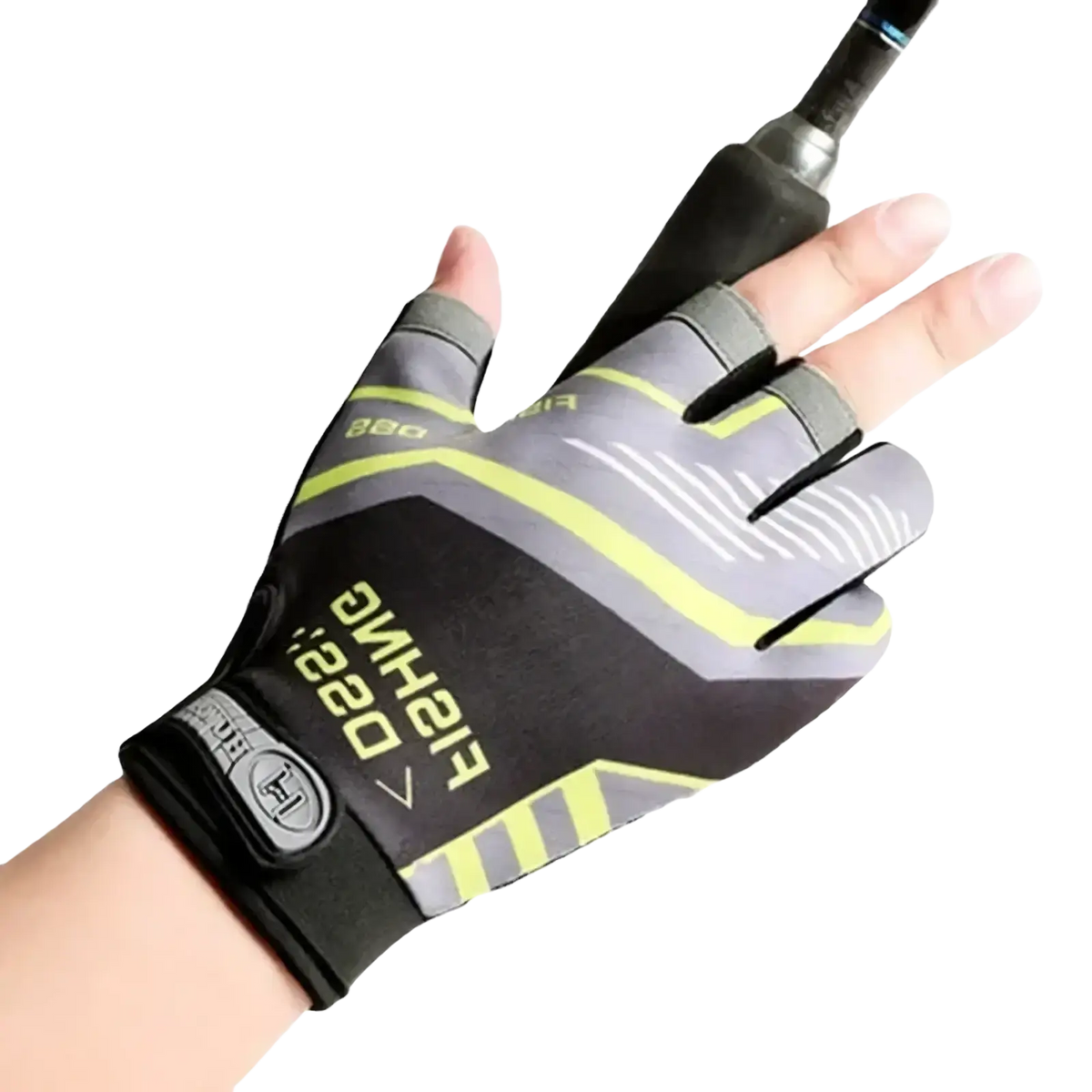 Back side of gray and neon yellow ice silk three finger fishing gloves with black accents and snug wrist strap design