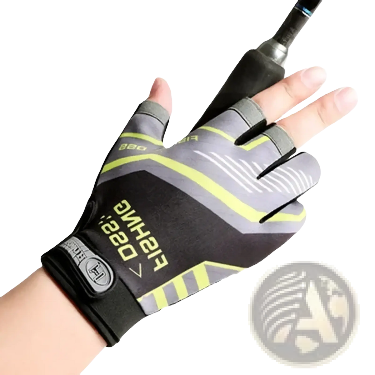 Back side of gray and neon yellow ice silk three finger fishing gloves with breathable mesh and adjustable wrist strap