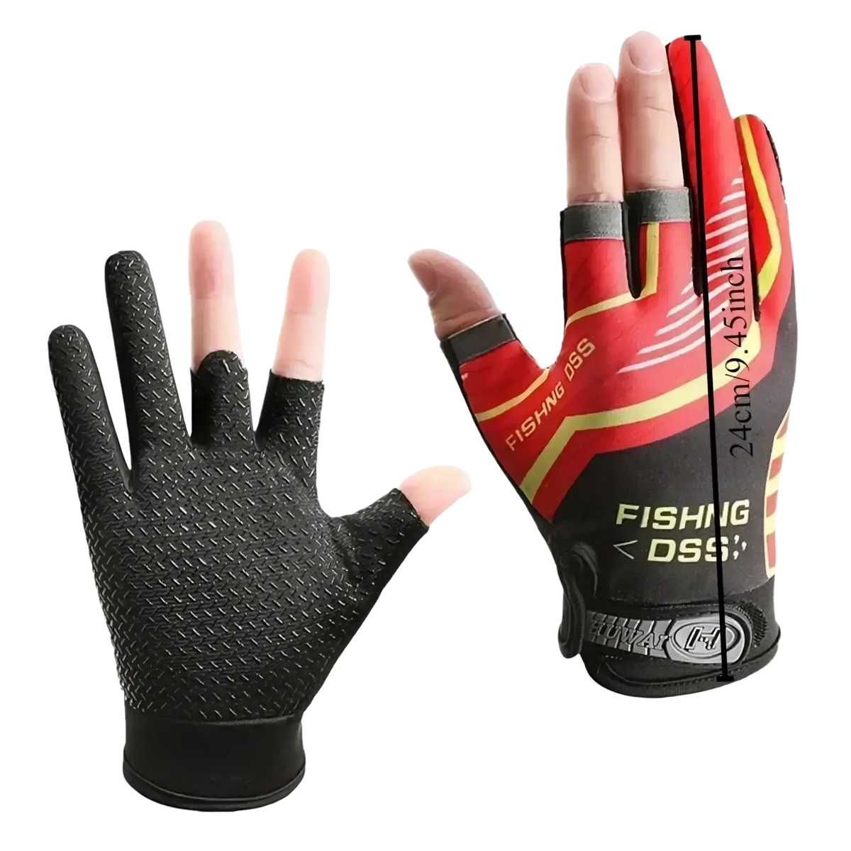 Ice silk three finger fishing gloves in red and black with yellow accents and textured palm grip for enhanced handling