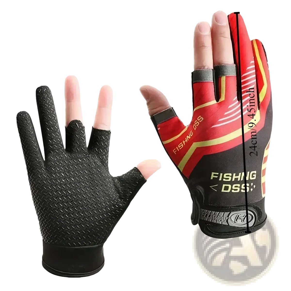 Ice silk three finger fishing gloves in red and black with yellow accents textured grip and reinforced wrist strap shown from back side