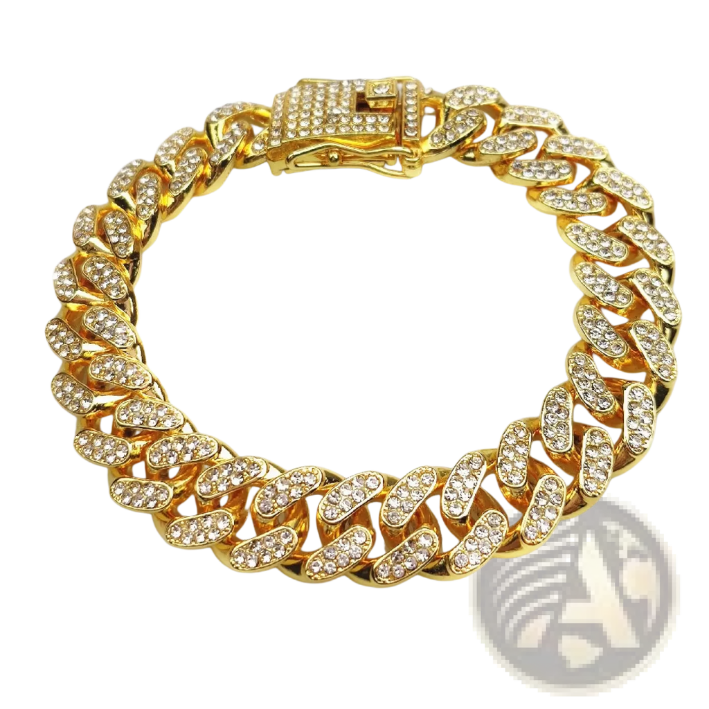 Gold-colored iced out Cuban link pet collar featuring numerous clear sparkling crystals for stylish pet wear