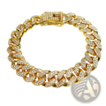Gold-colored iced out Cuban link pet collar featuring numerous clear sparkling crystals for stylish pet wear