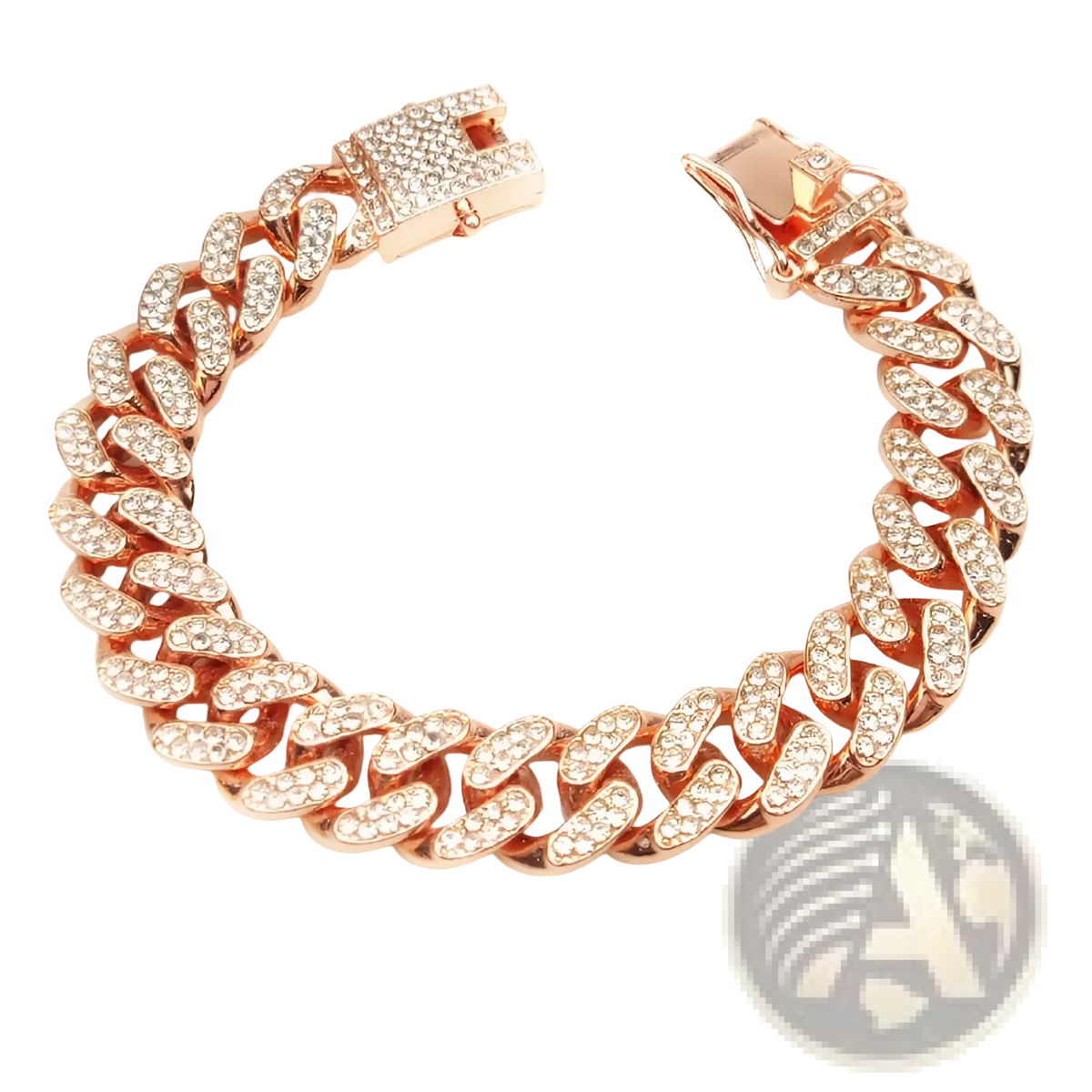 Rose gold iced out Cuban link pet collar bracelet with sparkling clear crystals on each chain segment and clasp