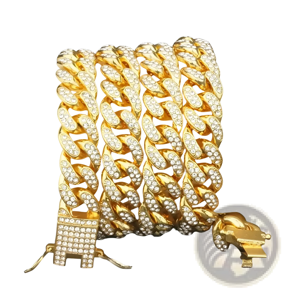 Iced out Cuban link pet collar gold-colored chain bracelet adorned with clear sparkling crystals
