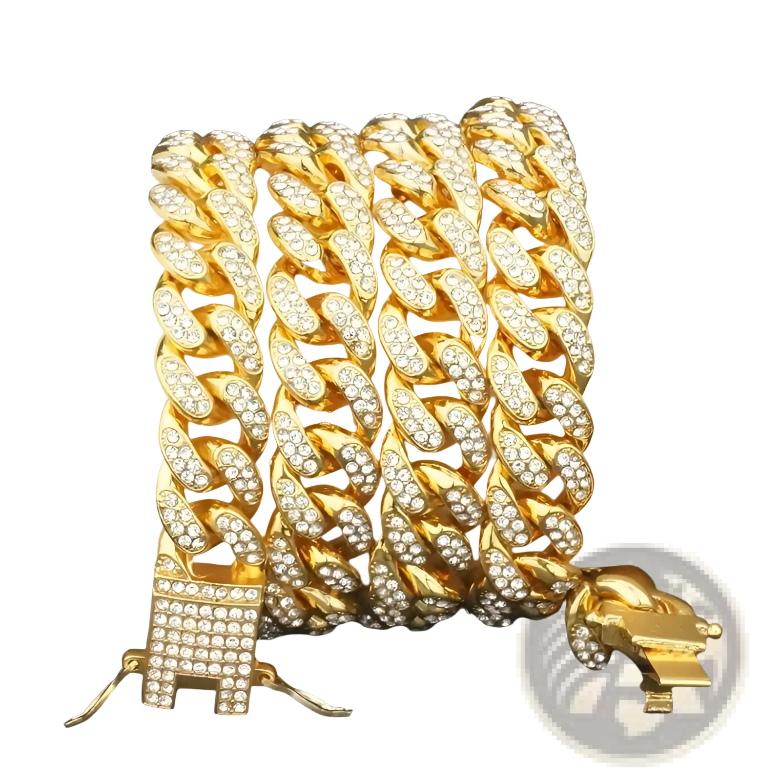 Iced out Cuban link pet collar gold-colored chain bracelet adorned with clear sparkling crystals