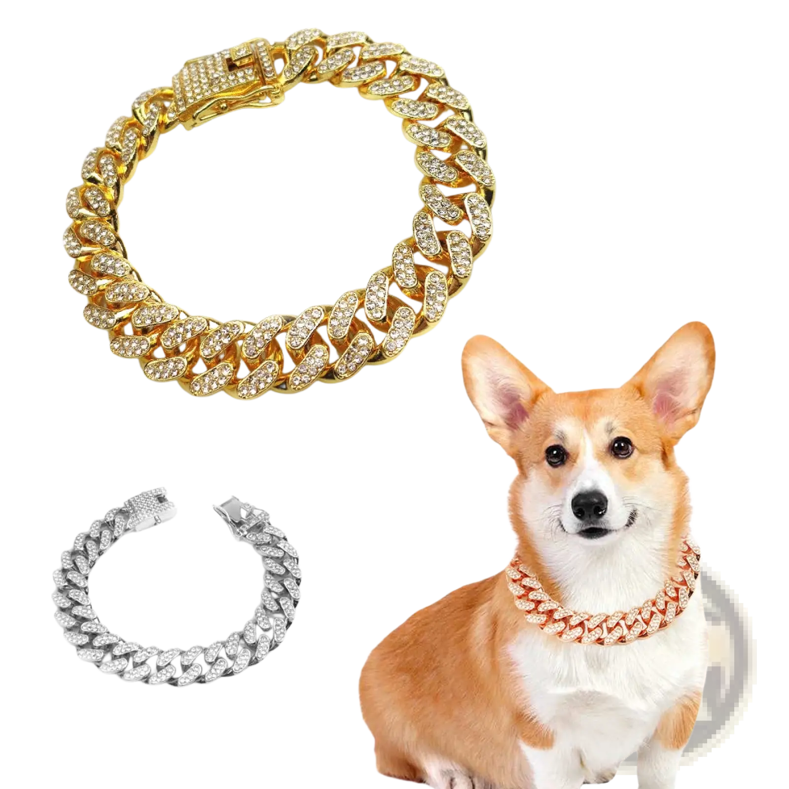 Gold-colored iced out Cuban link pet collar with heavy embellishments and sparkling rhinestones for dogs