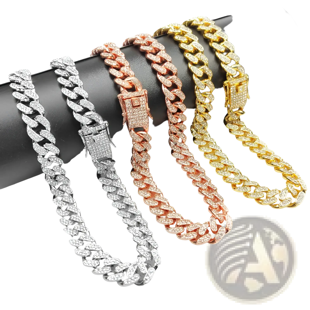 Three thick iced out cuban link pet collars in silver, rose gold, and yellow gold with diamond accents