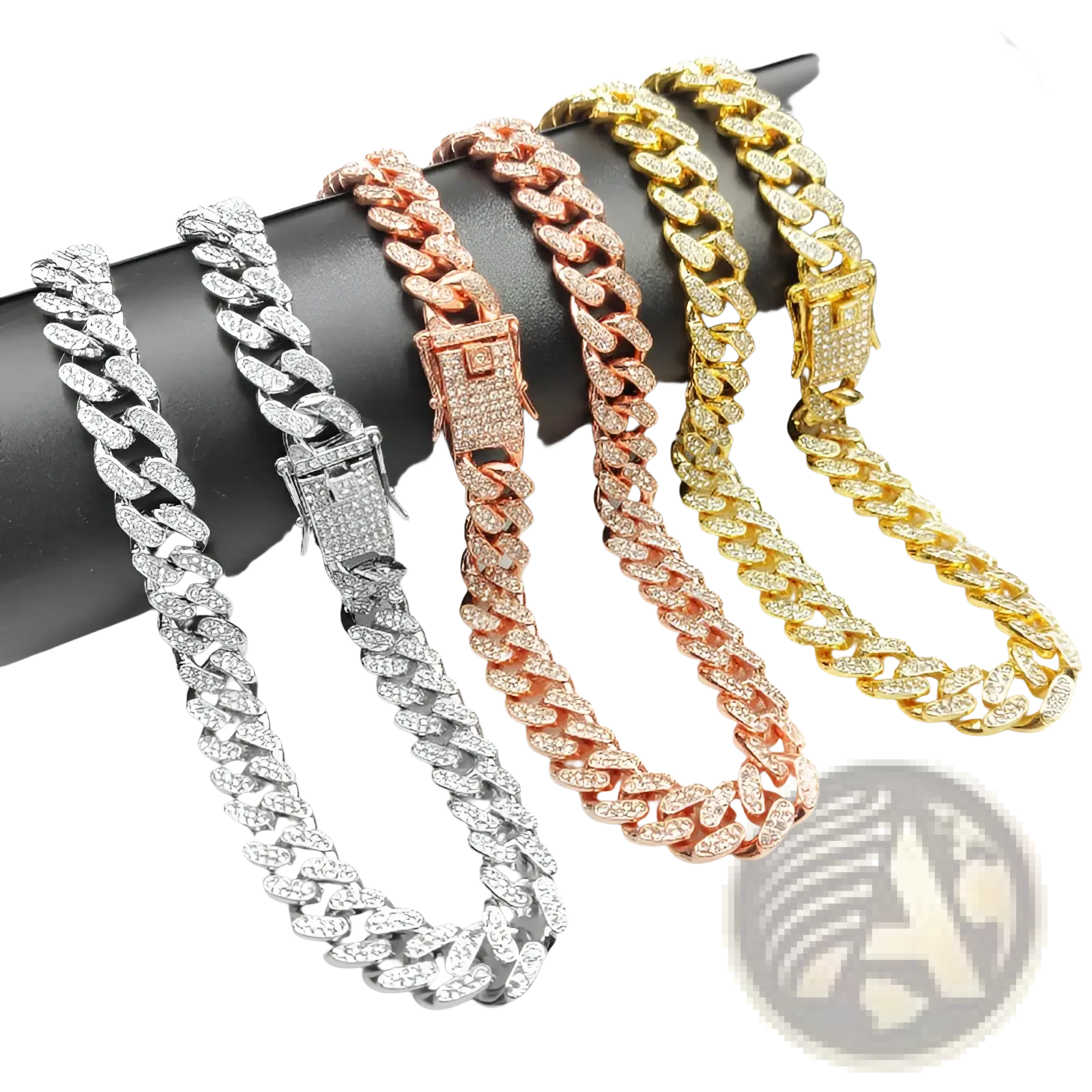Three thick iced out cuban link pet collars in silver, rose gold, and yellow gold with diamond accents