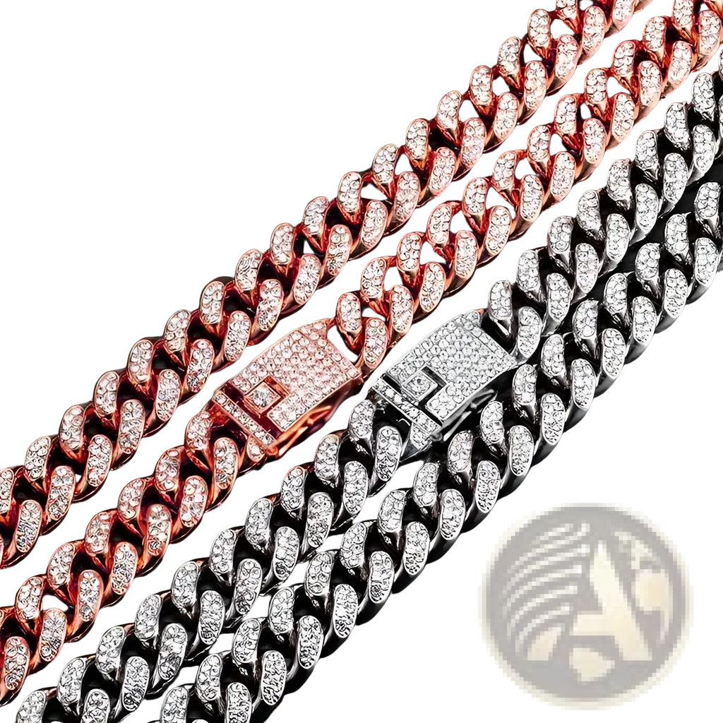 Two thick diamond-encrusted cuban link pet collars in rose gold and silver with matching pave-clad clasps