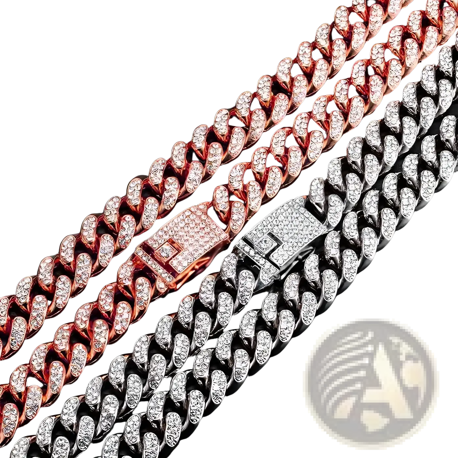 Two thick diamond-encrusted cuban link pet collars in rose gold and silver with matching pave-clad clasps